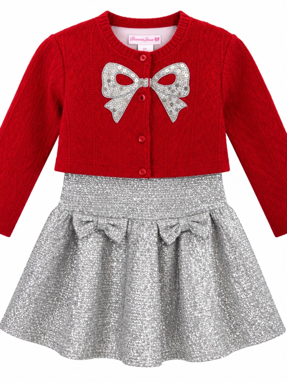 Red Knit Bow Cardigan & Silver Sparkle Skirt Set